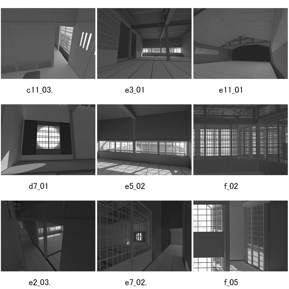 3D 町屋と和室そして庭 輪郭線付き 背景用