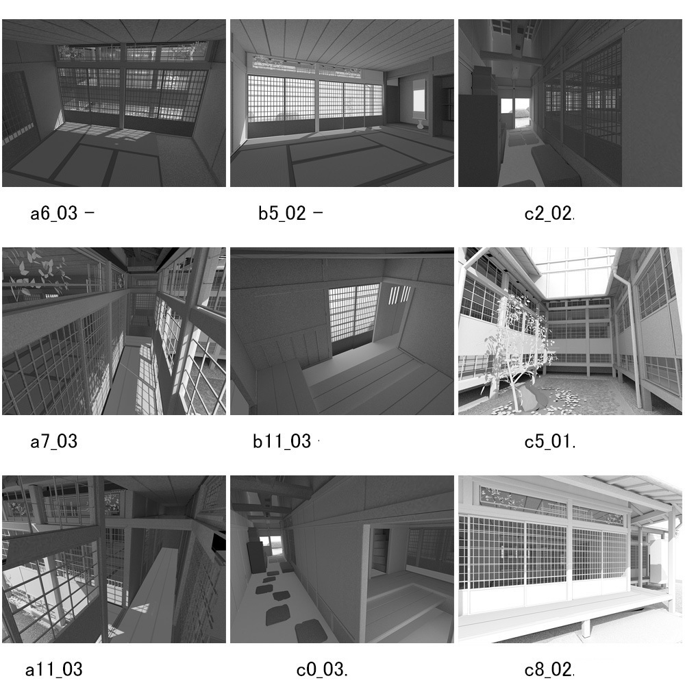 3D 町屋と和室そして庭 輪郭線付き 背景用