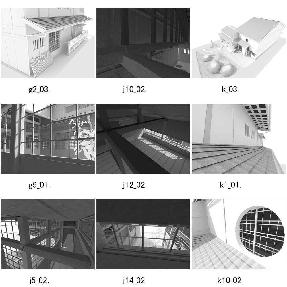 ３D 町屋と和室そして庭 輪郭線付き 背景用