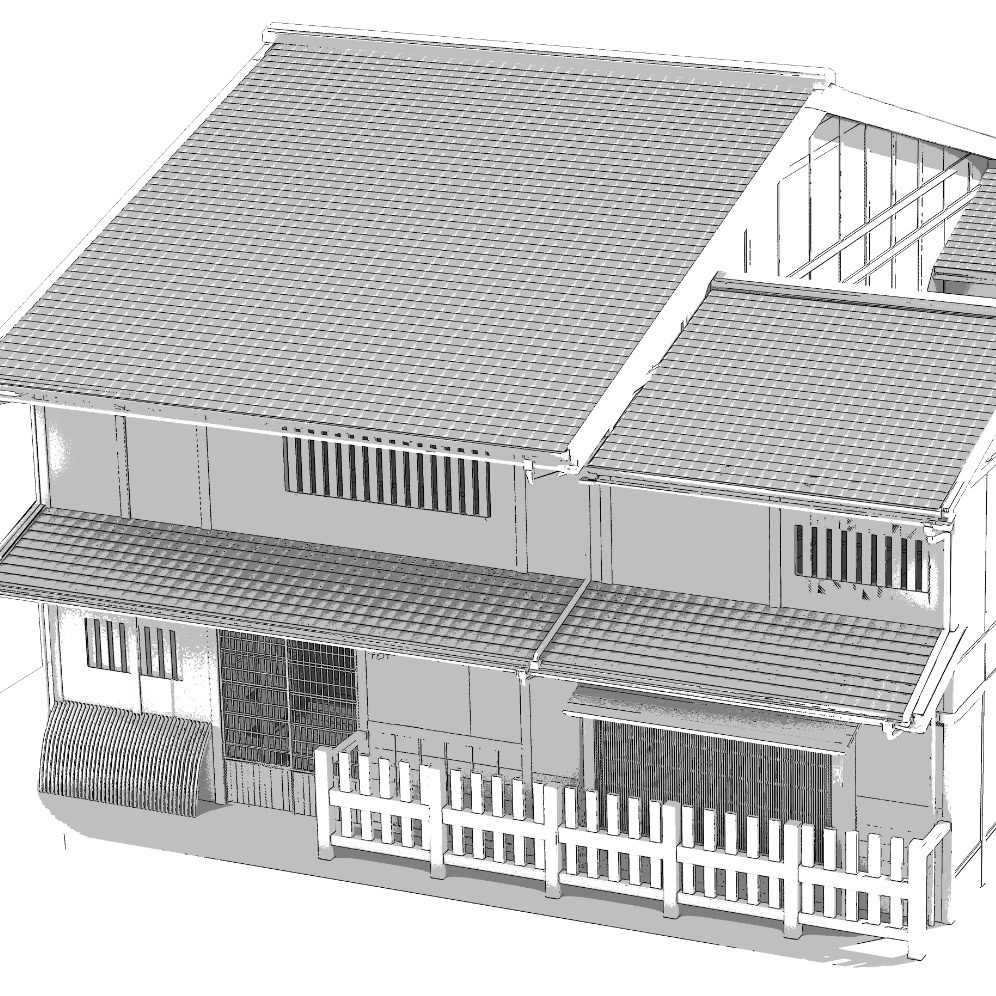 ３D 町屋と和室そして庭 輪郭線付き 背景用