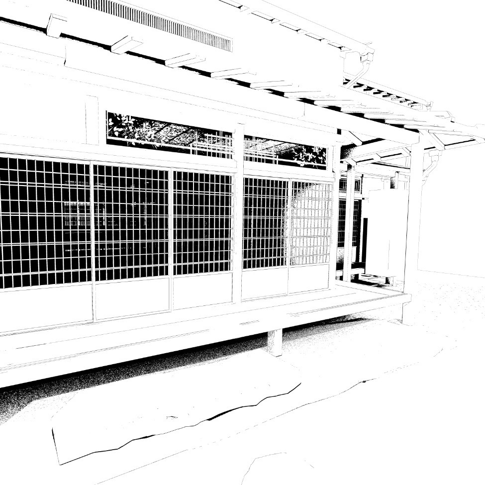 3D 町屋と和室そして庭 輪郭線付き 背景用