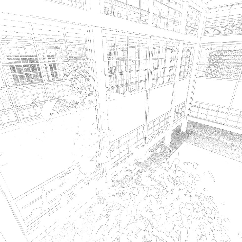 3D 町屋と和室そして庭 輪郭線付き 背景用