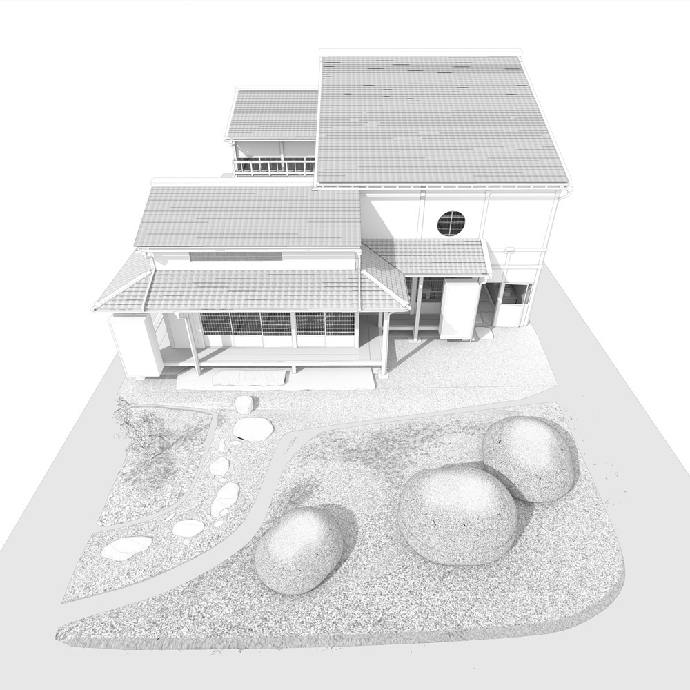 3D 町屋と和室そして庭 輪郭線付き 背景用