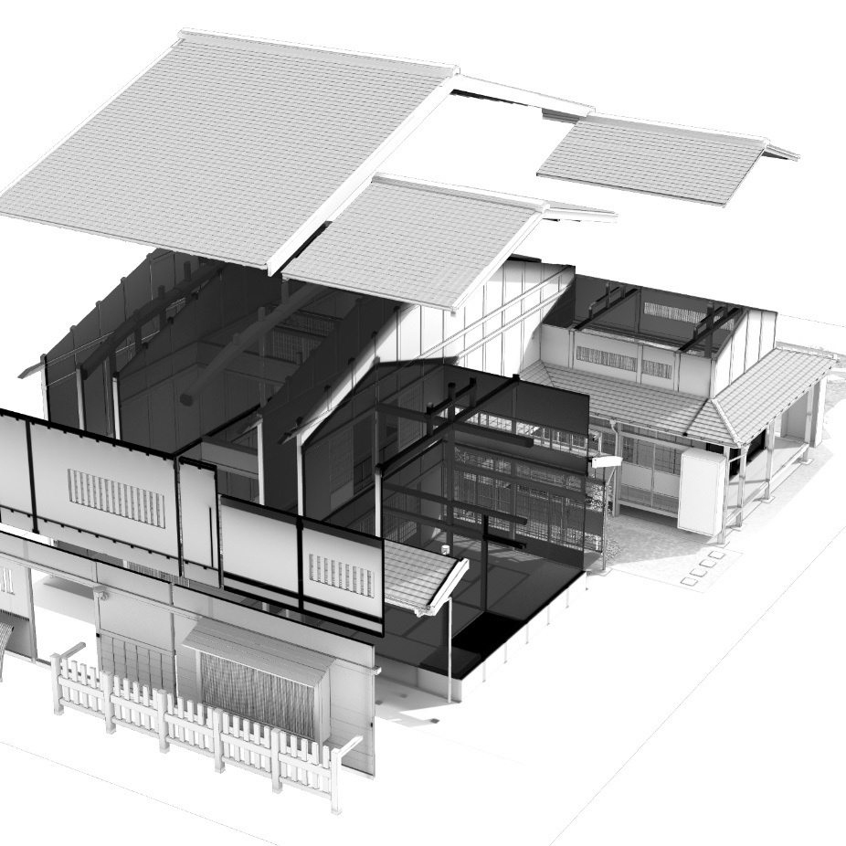 3D 町屋と和室そして庭 輪郭線付き 背景用
