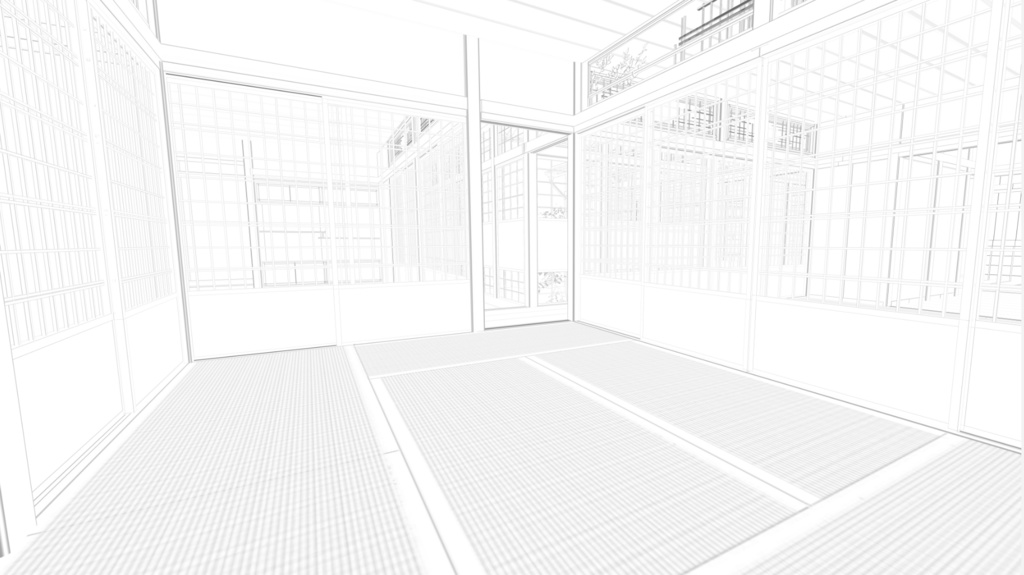 3D 町屋と和室そして庭 輪郭線付き 背景用