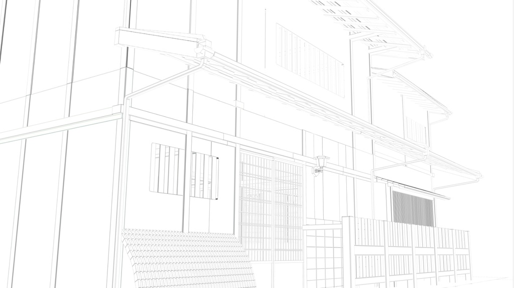 3D 町屋と和室そして庭 輪郭線付き 背景用