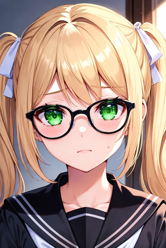金髪ツインテール眼鏡っこ 黒セーラー服 表情パック 8種セット(立ち絵おまけつき)【商用可・高品質】