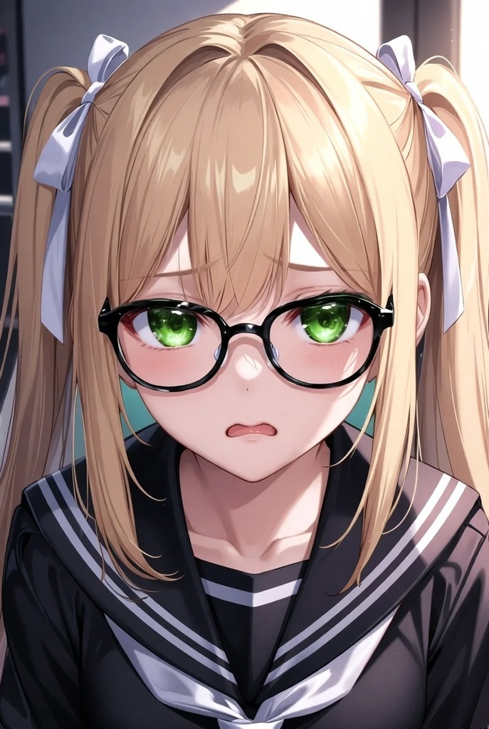 金髪ツインテール眼鏡っこ 黒セーラー服 表情パック 8種セット(立ち絵おまけつき)【商用可・高品質】