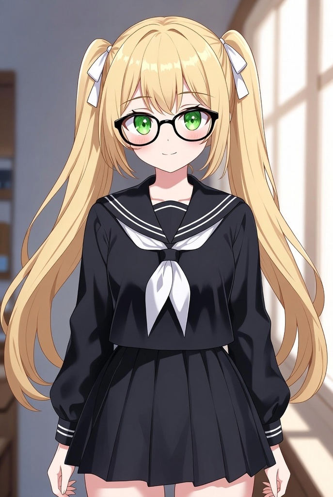 金髪ツインテール眼鏡っこ 黒セーラー服 表情パック 8種セット(立ち絵おまけつき)【商用可・高品質】
