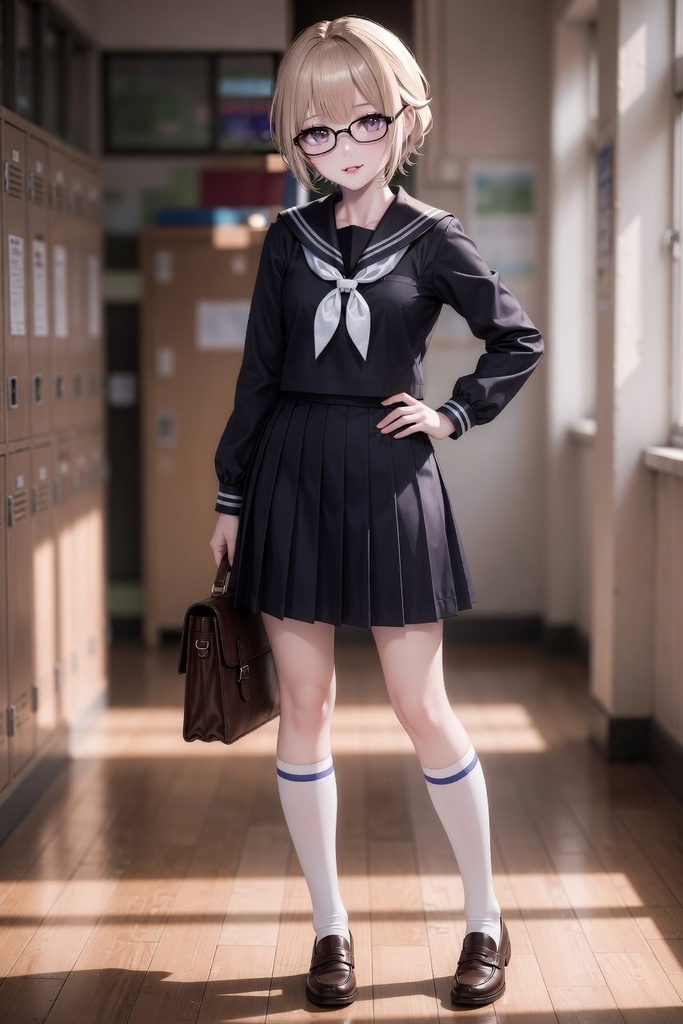 【表情差分22点】金髪黒縁眼鏡っ子ショートボブ ~照れ・泣き・小悪魔まで~(セーラー服+私服)