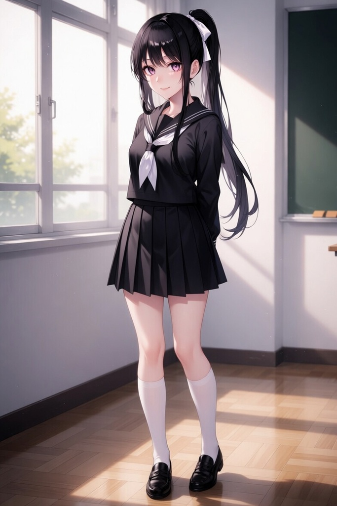 黒髪ポニーテール黒セーラー 表情差分14種+全身立ち絵2種(背景透過PNG付き)合計32点セット