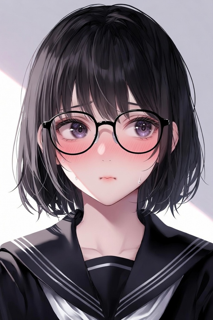 【汗だく照れ】黒髪ショート紫瞳眼鏡っ子 黒セーラー服 雫(しの) 80点+ミニキャラおまけつきコレクション【商用可・背景透過PNG】