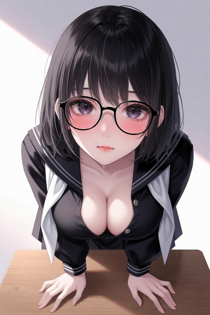 【汗だく照れ】黒髪ショート紫瞳眼鏡っ子 黒セーラー服 雫(しの) 80点+ミニキャラおまけつきコレクション【商用可・背景透過PNG】