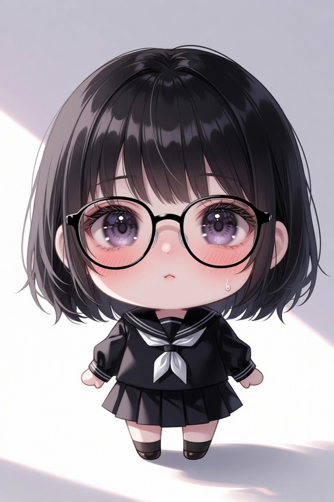【汗だく照れ】黒髪ショート紫瞳眼鏡っ子 黒セーラー服 雫(しの) 80点+ミニキャラおまけつきコレクション【商用可・背景透過PNG】