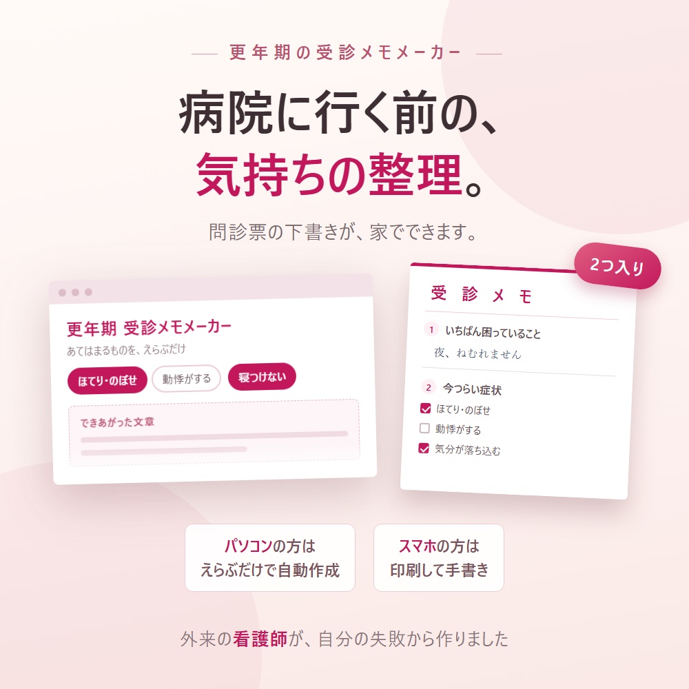 更年期 受診メモメーカー｜チェックするだけで、診察に持っていく1枚ができます