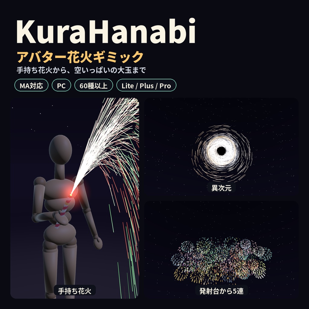 KuraHanabi アバター花火ギミック【Lite無料】MA対応・VRChat想定/線香花火〜打ち上げ・全天球【新作記念価格】