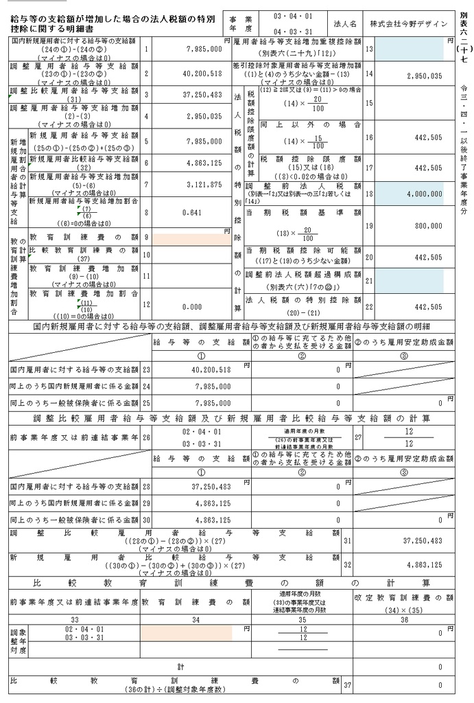 人材確保等&所得拡大促進税制計算シート(令和3年4月以降開始事業年度用・500人版)