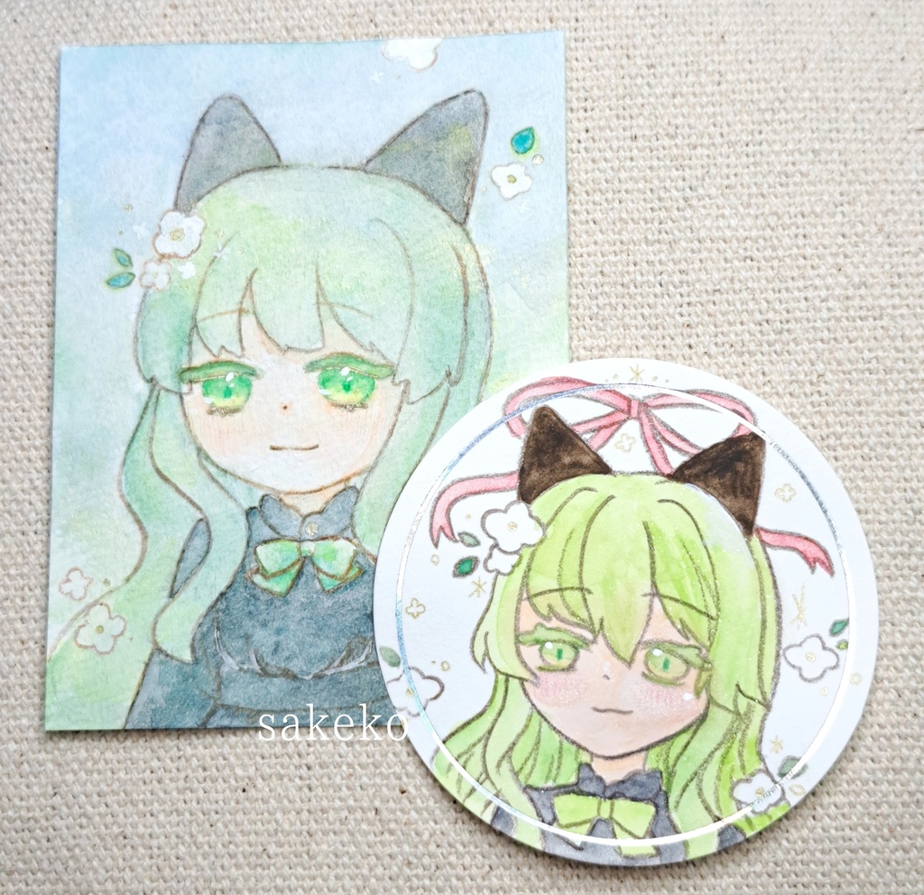 緑の猫耳ちゃんセット(オリジナル/アナログイラスト)