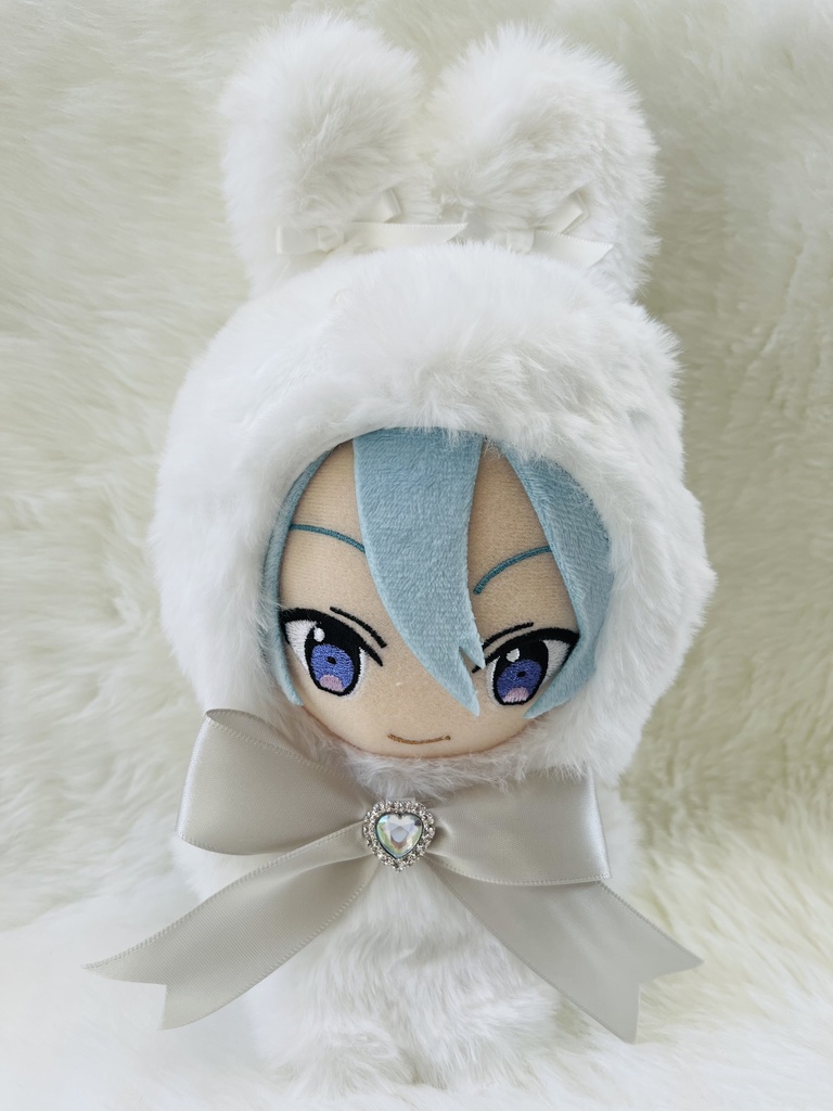 ふわふわうさぎ白(グレー)リボン