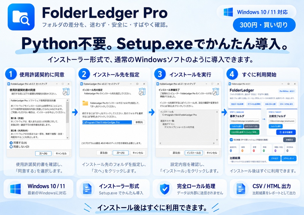 FolderLedger Pro|2つのフォルダを選ぶだけ。追加・削除・変更・移動を確認するWindowsアプリ