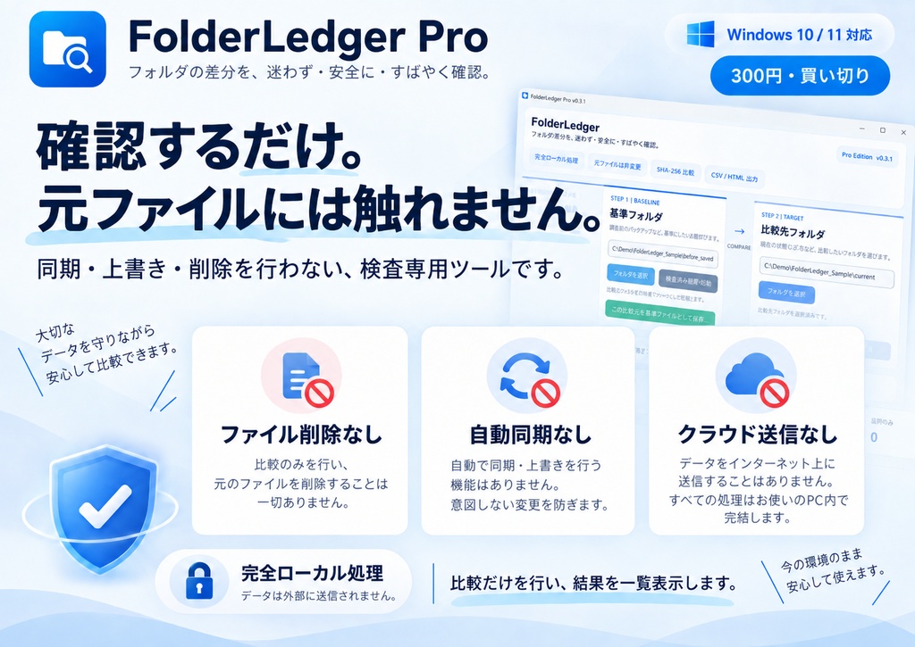 FolderLedger Pro|2つのフォルダを選ぶだけ。追加・削除・変更・移動を確認するWindowsアプリ
