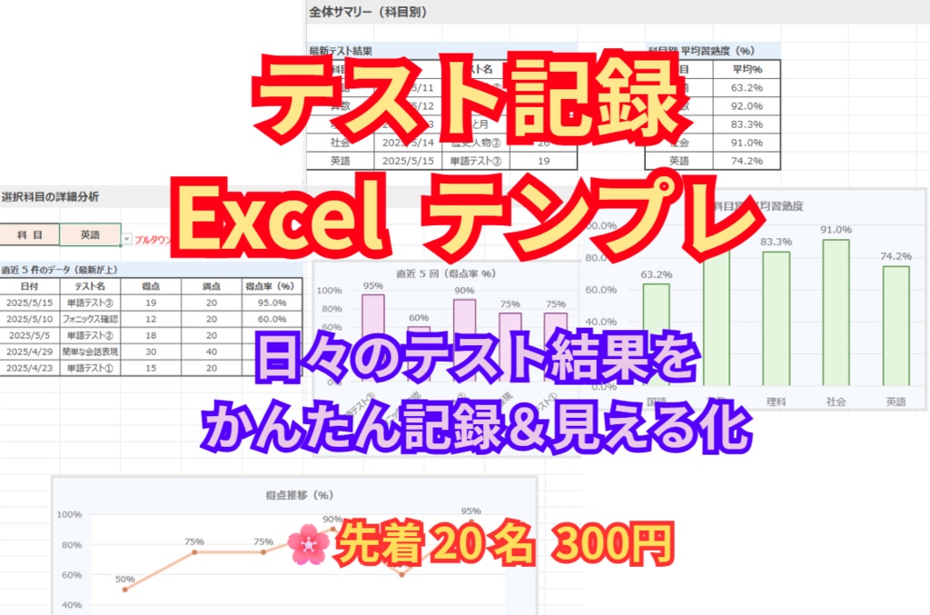 テスト記録 Excel テンプレ　ー テスト結果を記録するだけで、成長が見える 📈 ー