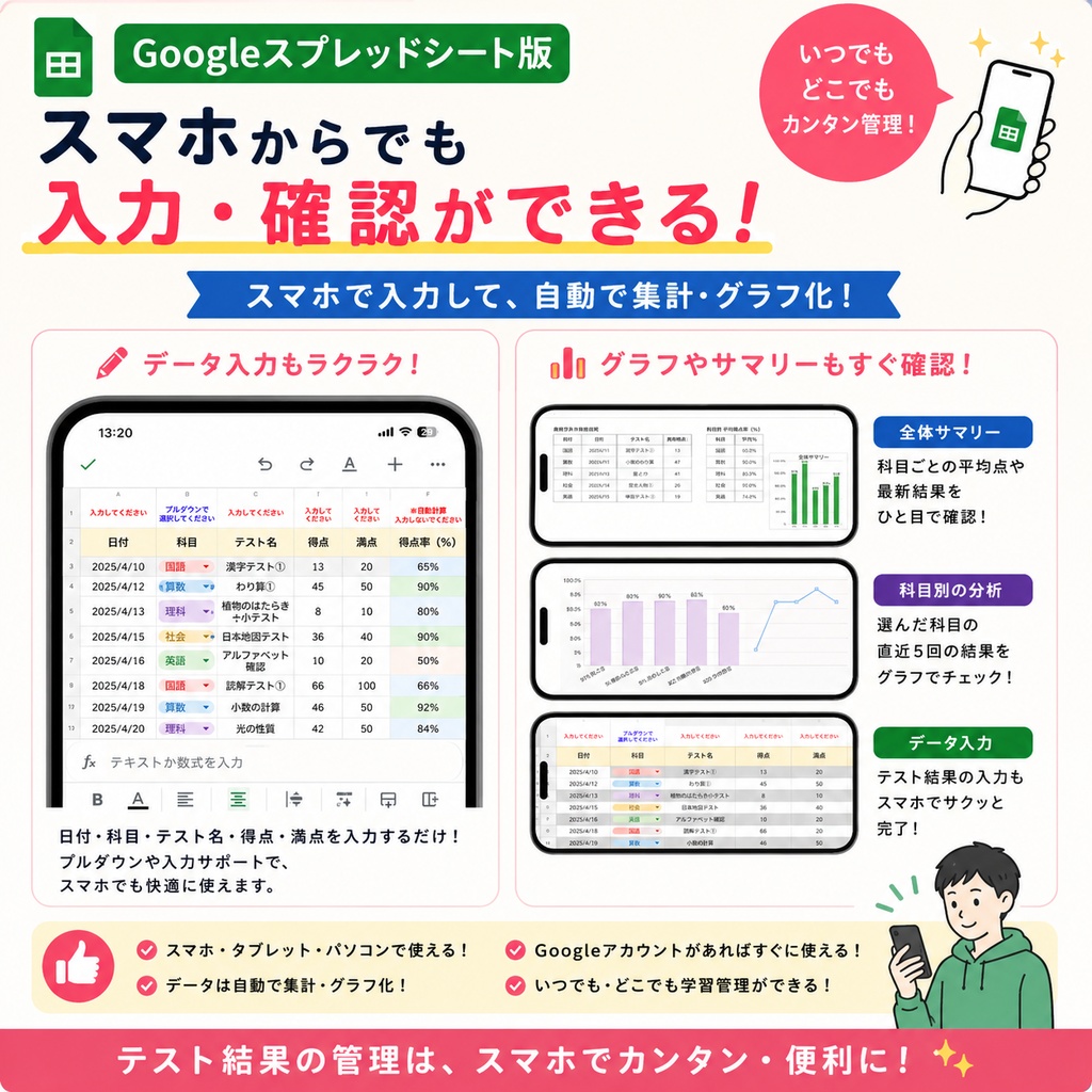 小中学生向け テスト結果見える化シート【Googleスプレッドシート版&Excel版】