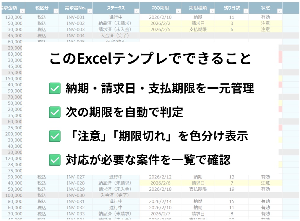 【自動計算】案件・請求・支払期限管理Excelテンプレート|納期・請求日・入金管理を一元化