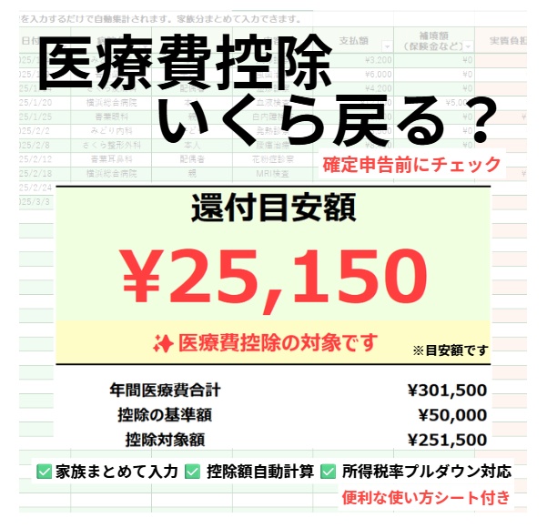【医療費控除】還付額がすぐ分かるExcelシミュレーター|確定申告前チェック用