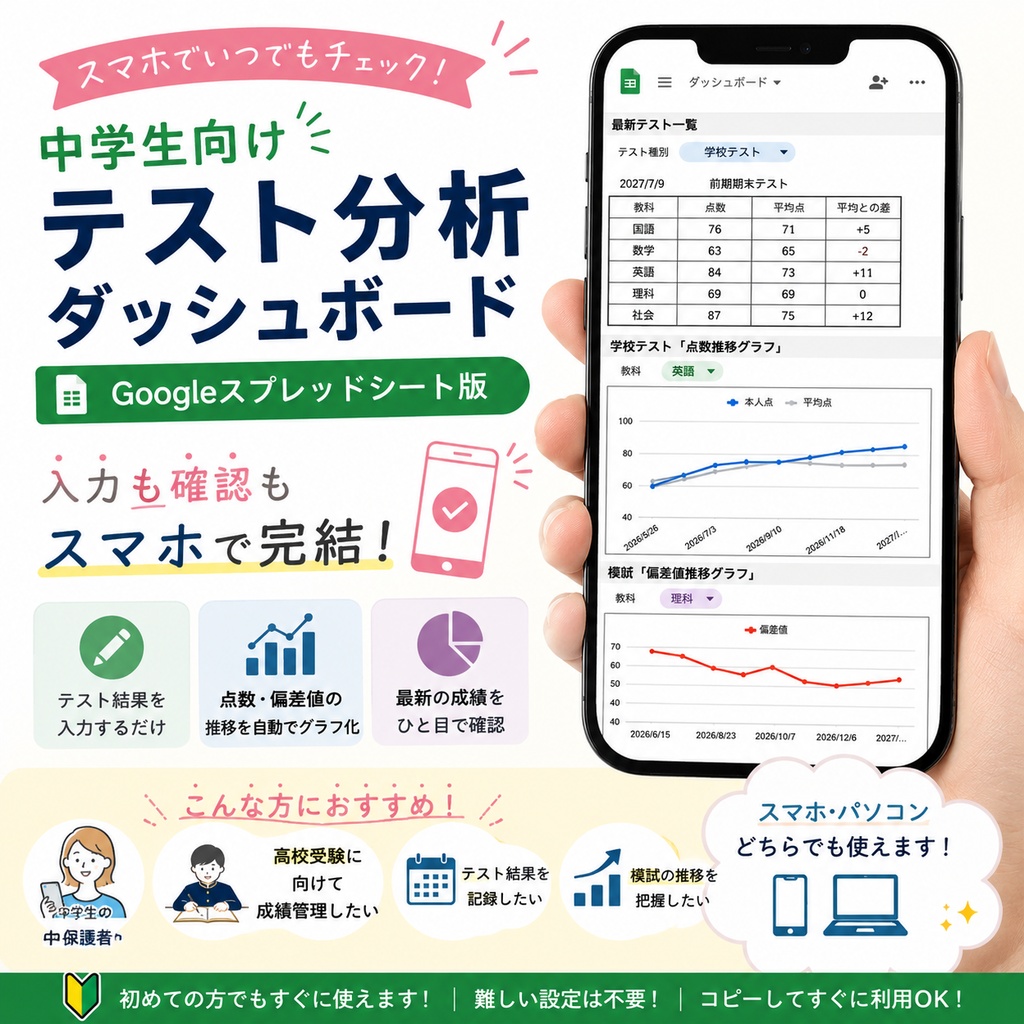 中学生向け テスト分析ダッシュボード【Googleスプレッドシート版】
