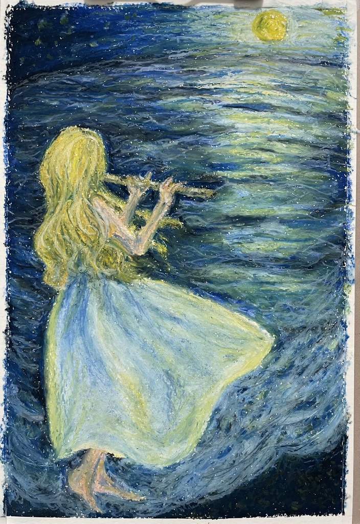 クレパス画【夜の海】