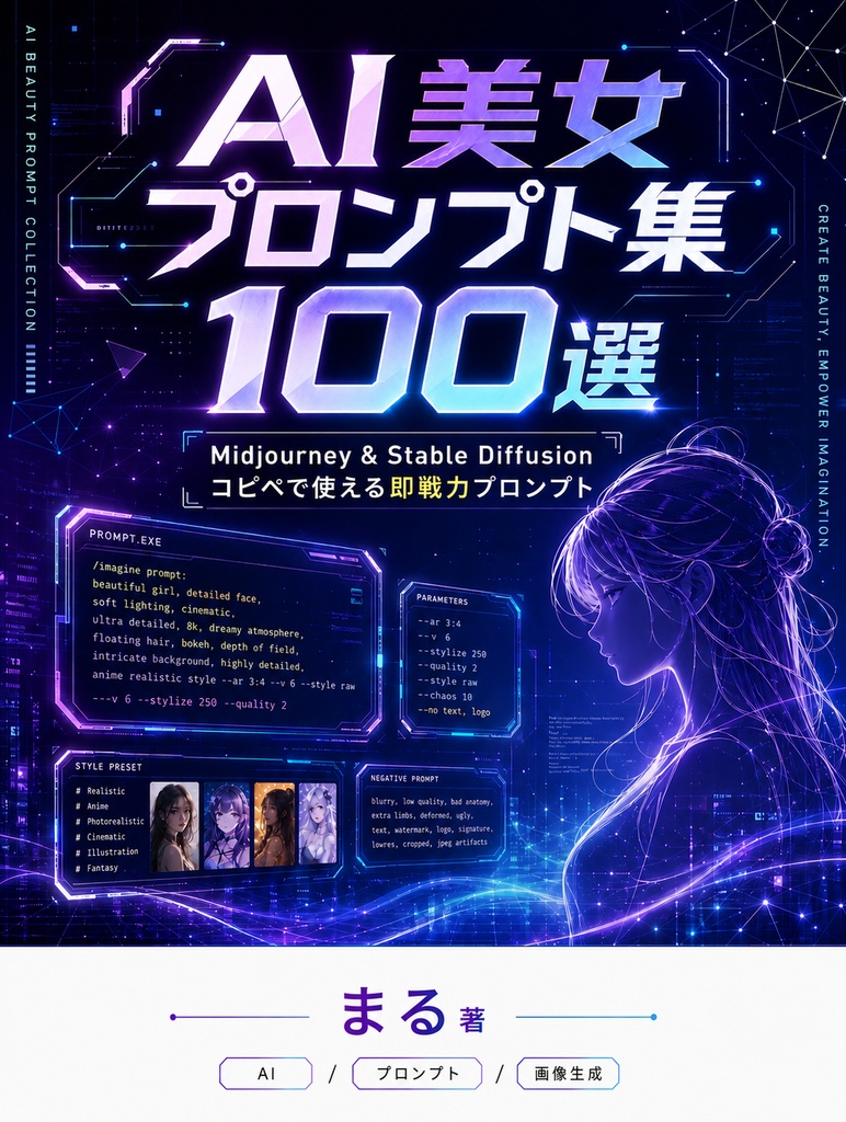 AI美女プロンプト集 100選 — Midjourney & Stable Diffusion 対応 即戦力プロンプト集