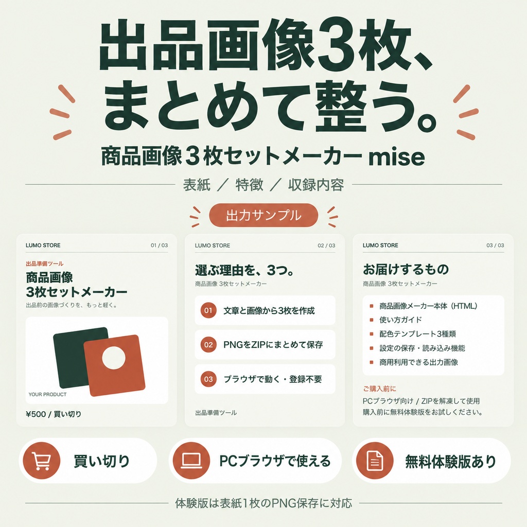 【無料体験版あり】商品画像3枚セットメーカー mise｜表紙・特徴・収録内容をPNG出力／買い切り