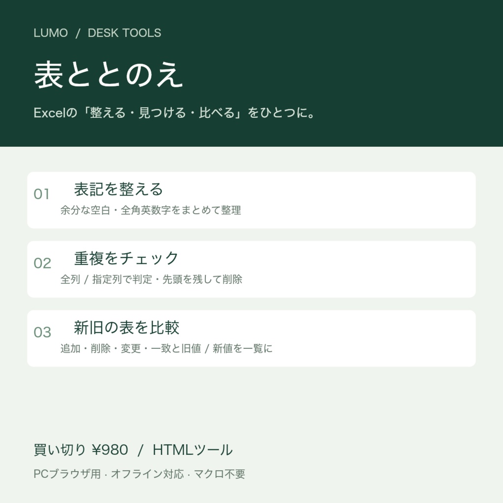 【Excel作業を効率化】表ととのえ|表の整形・重複チェック・新旧比較/オフライン・買い切り