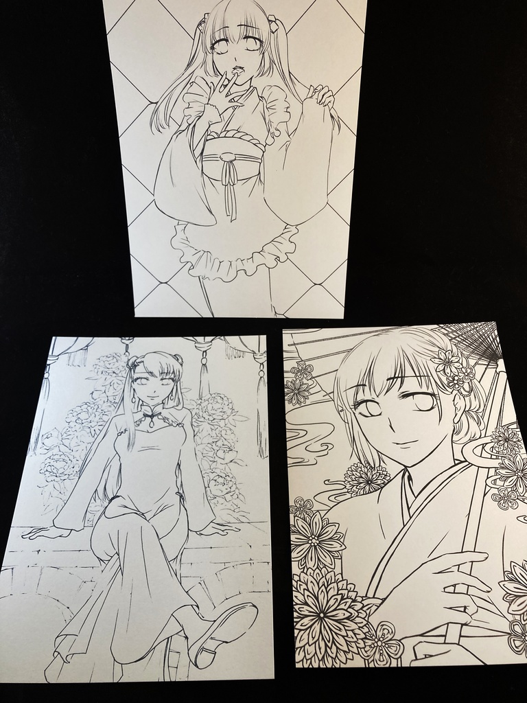 塗り絵3点&塗り見本原画セット(創作女の子)
