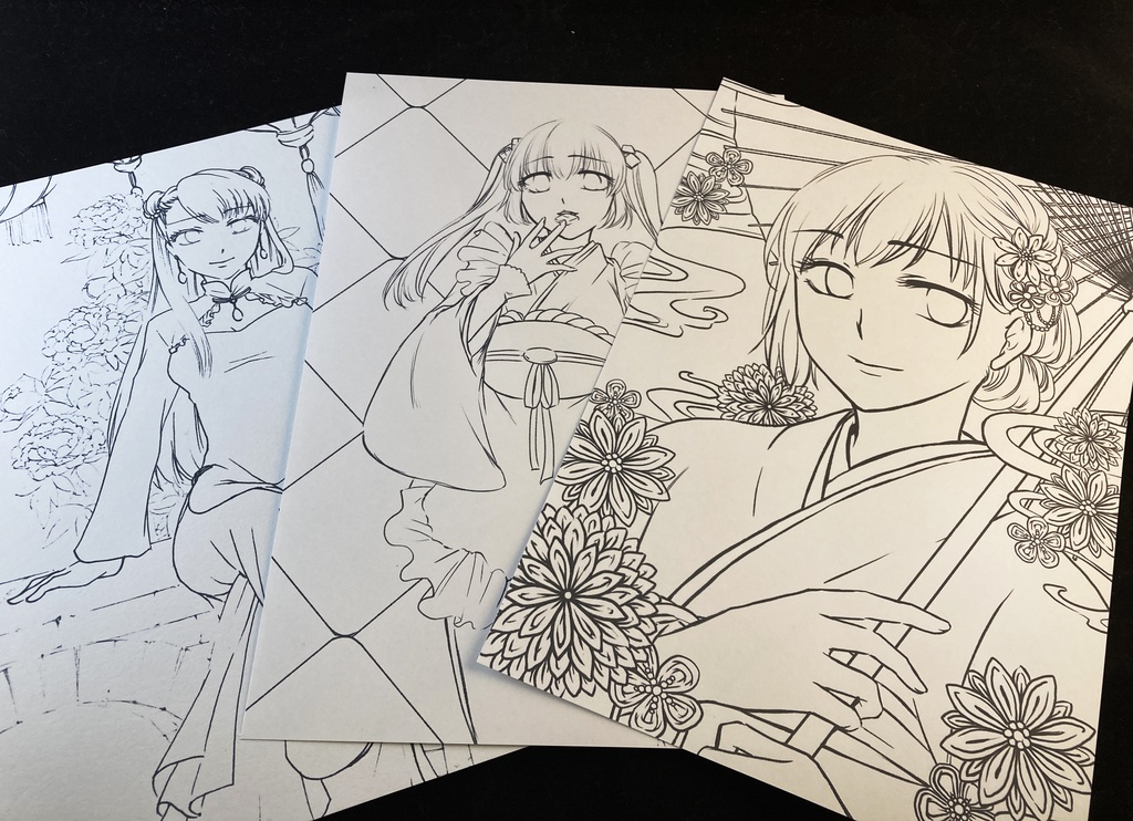 塗り絵3点&塗り見本原画セット(創作女の子)