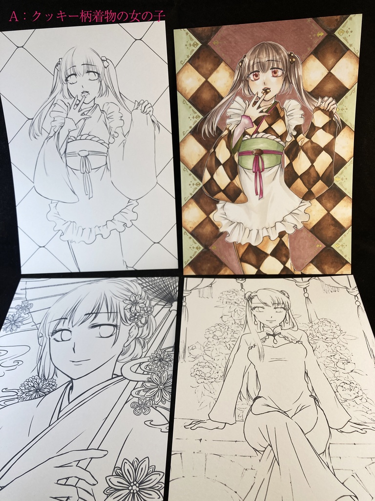 塗り絵3点&塗り見本原画セット(創作女の子)