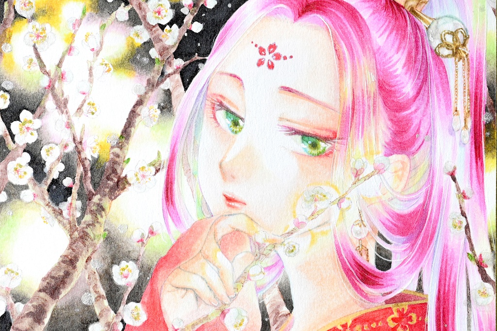 【コピック原画】ミニ色紙「梅」(額装済み原画)