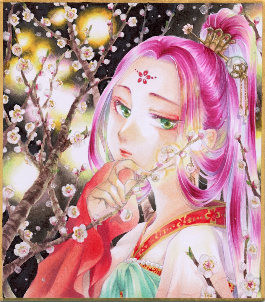 【コピック原画】ミニ色紙「梅」(額装済み原画)