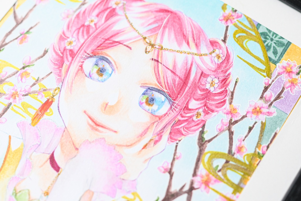 【コピック原画】ミニ色紙「桃」(額装済み原画)