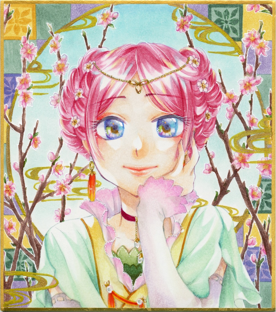 【コピック原画】ミニ色紙「桃」(額装済み原画)