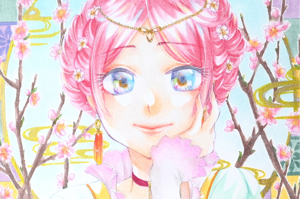 【コピック原画】ミニ色紙「桃」(額装済み原画)