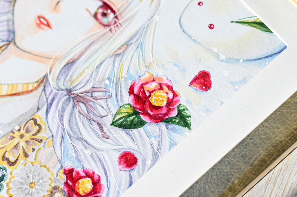 【コピック原画】ミニ色紙「雪兎」(額装済み原画)