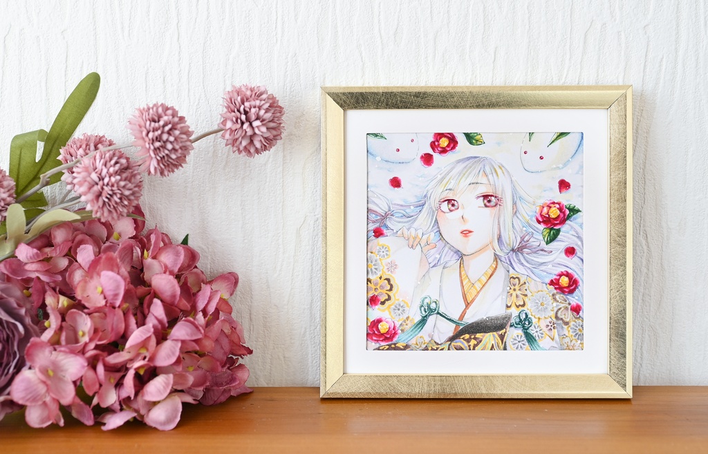 【コピック原画】ミニ色紙「雪兎」(額装済み原画)