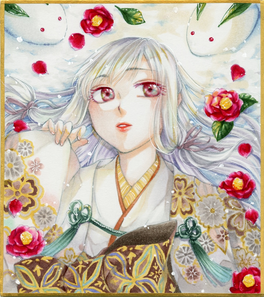 【コピック原画】ミニ色紙「雪兎」(額装済み原画)