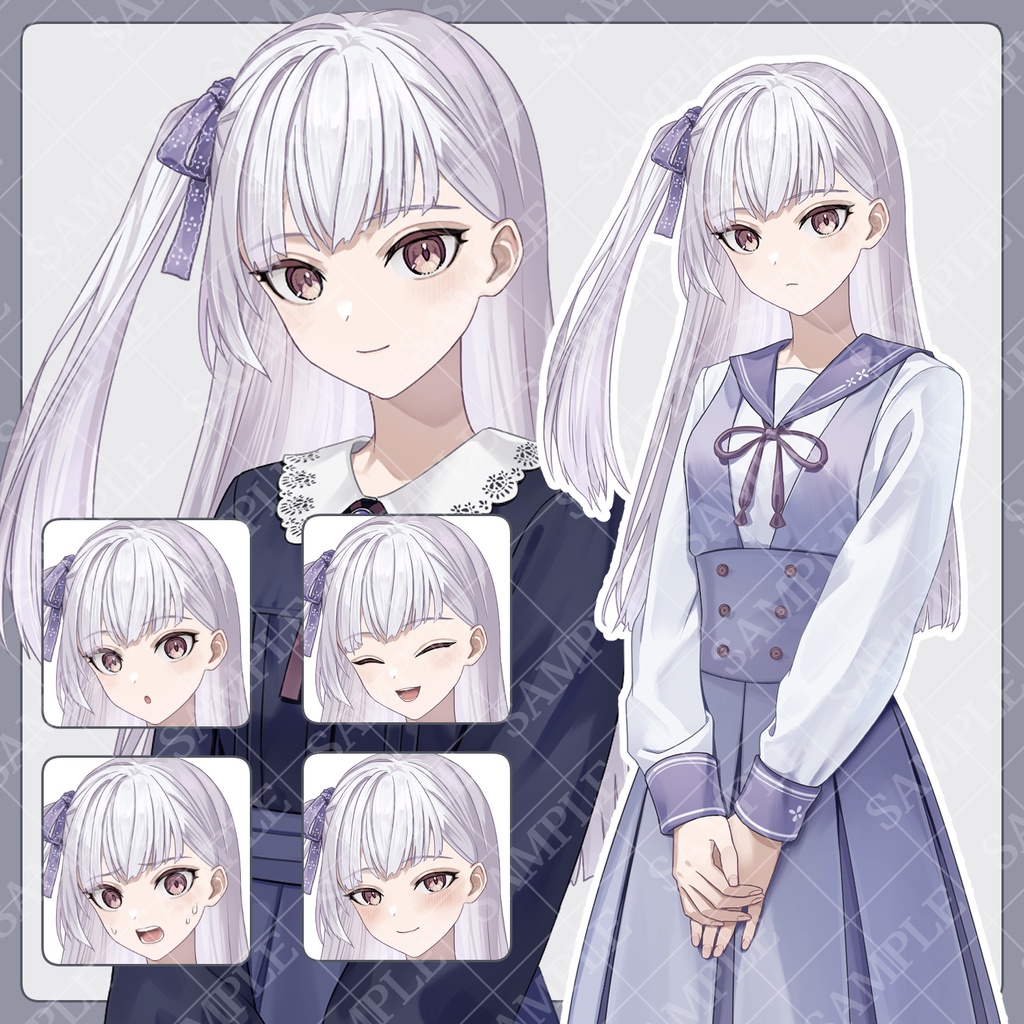 【立ち絵素材】白い髪の女子:制服・私服【表情20種】
