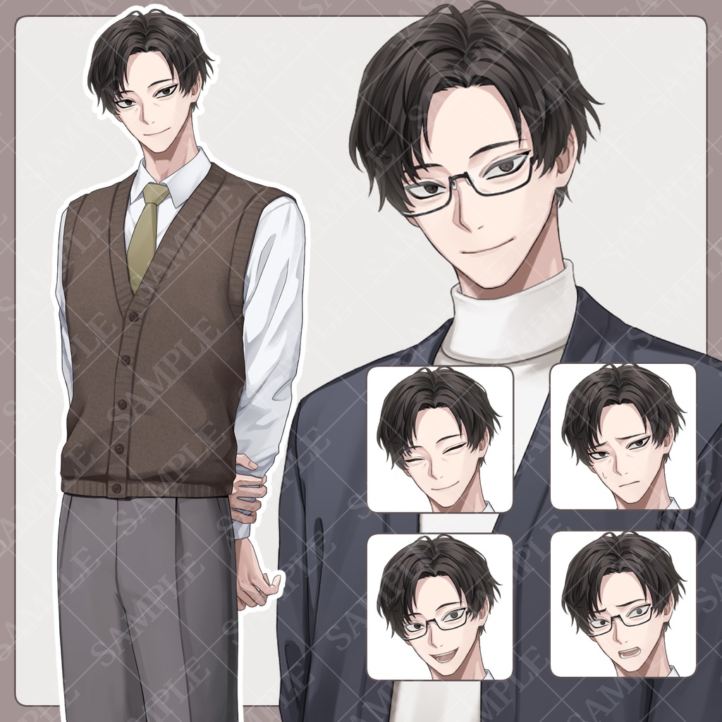 【立ち絵素材】男性_ネクタイ&ベスト・私服【表情14種】