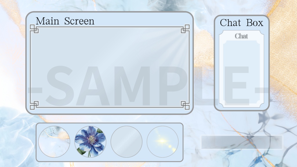 VTuber用 配信画面セット　きれいめ背景（水色×ゴールド）