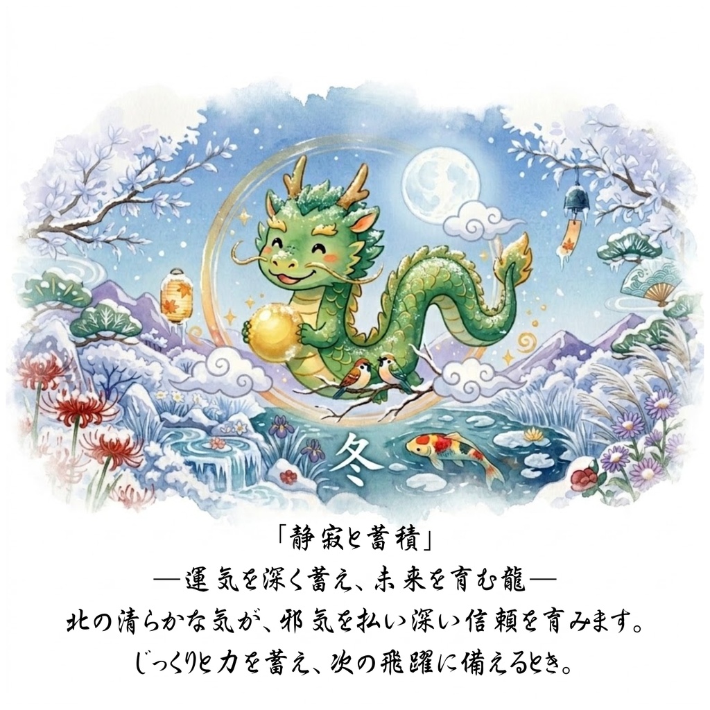 【壁紙/印刷用】四季を巡るちび龍イラスト 5枚セット【春夏秋冬】