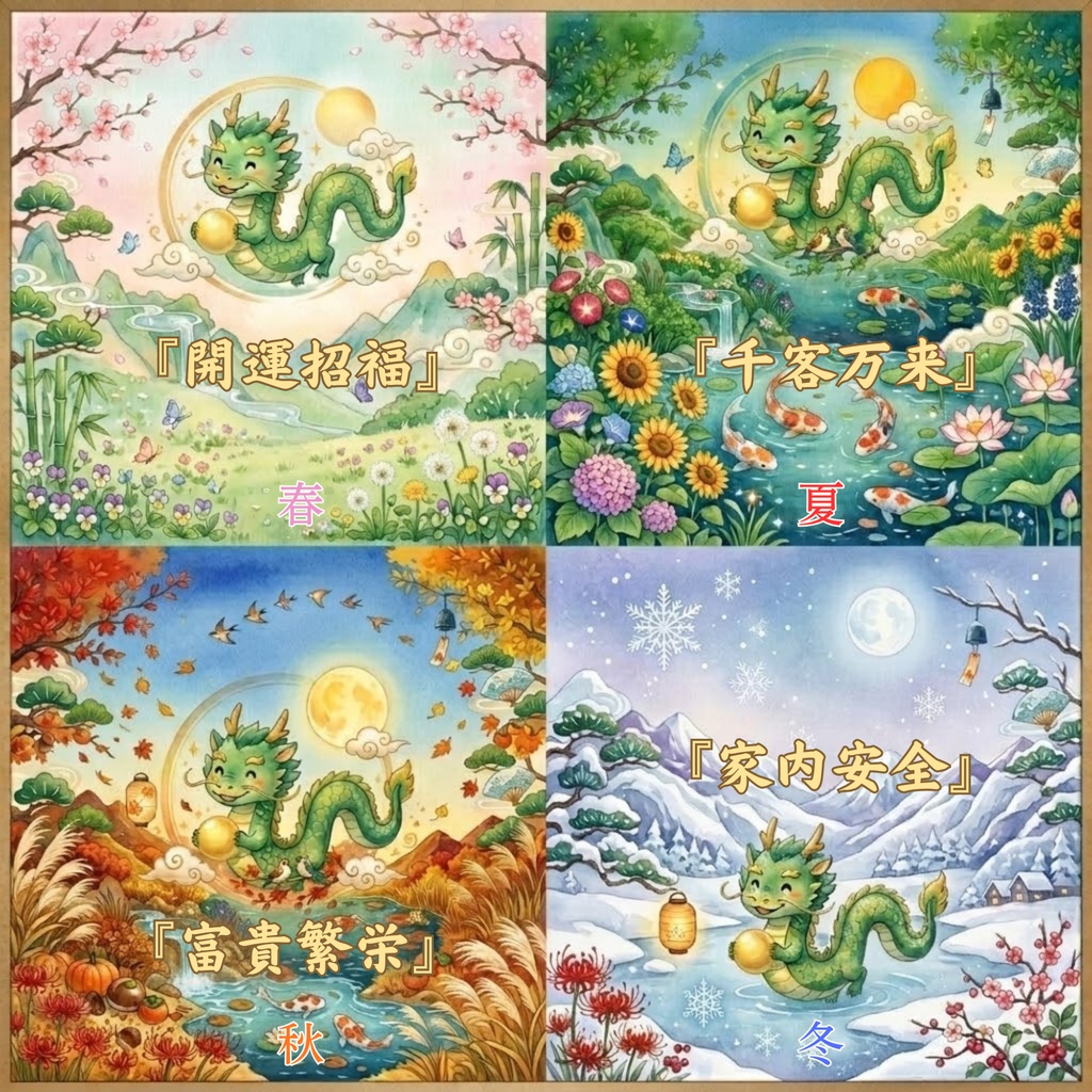 【壁紙/印刷用】四季を巡るちび龍イラスト 5枚セット【春夏秋冬】